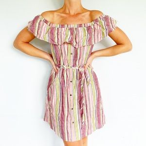 Express pink striped cotton off shoulder casual dress size medium